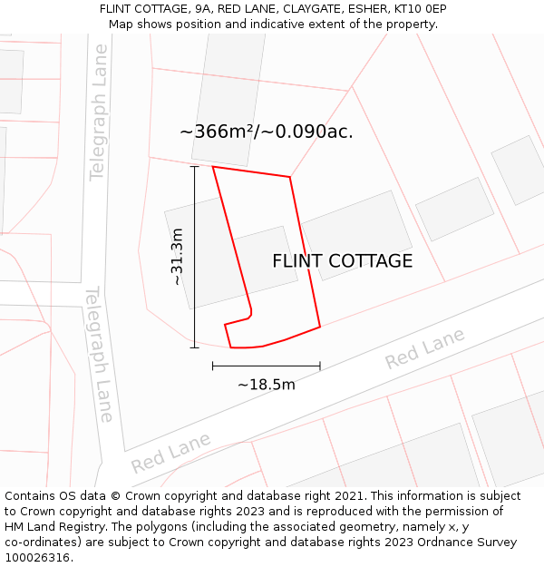 FLINT COTTAGE, 9A, RED LANE, CLAYGATE, ESHER, KT10 0EP: Plot and title map