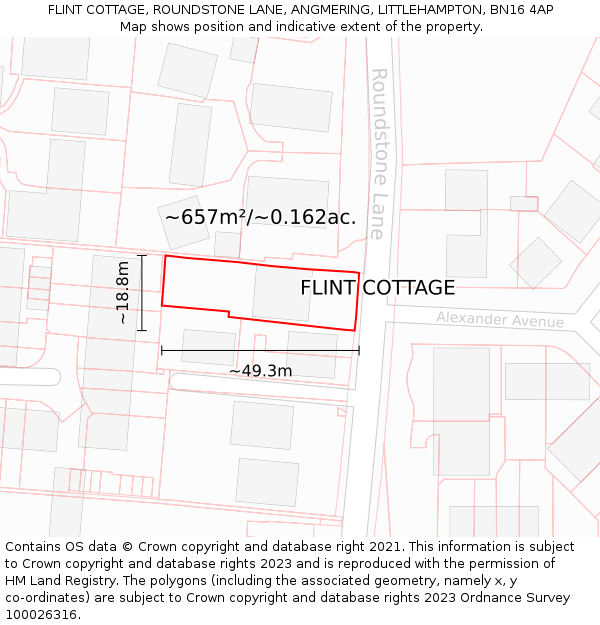 FLINT COTTAGE, ROUNDSTONE LANE, ANGMERING, LITTLEHAMPTON, BN16 4AP: Plot and title map