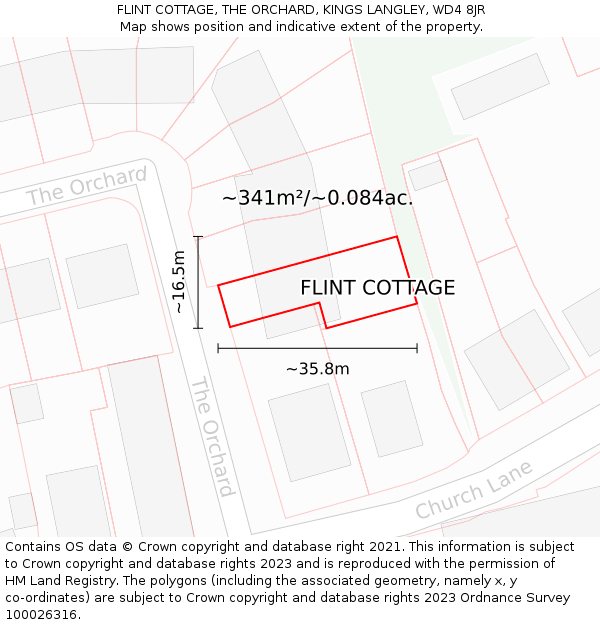 FLINT COTTAGE, THE ORCHARD, KINGS LANGLEY, WD4 8JR: Plot and title map