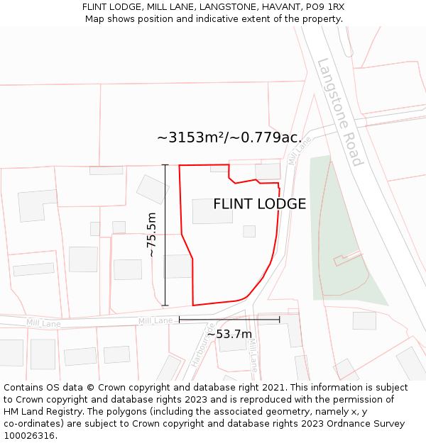 FLINT LODGE, MILL LANE, LANGSTONE, HAVANT, PO9 1RX: Plot and title map