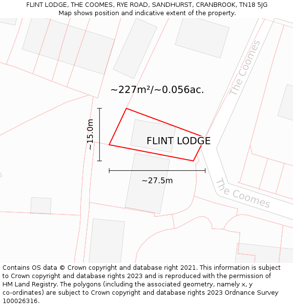 FLINT LODGE, THE COOMES, RYE ROAD, SANDHURST, CRANBROOK, TN18 5JG: Plot and title map