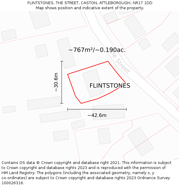 FLINTSTONES, THE STREET, CASTON, ATTLEBOROUGH, NR17 1DD: Plot and title map