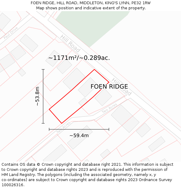 FOEN RIDGE, HILL ROAD, MIDDLETON, KING'S LYNN, PE32 1RW: Plot and title map