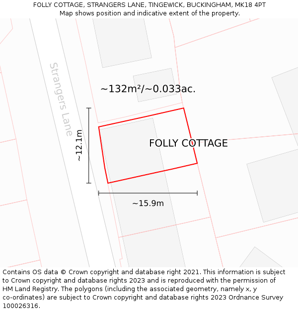 FOLLY COTTAGE, STRANGERS LANE, TINGEWICK, BUCKINGHAM, MK18 4PT: Plot and title map