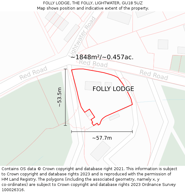 FOLLY LODGE, THE FOLLY, LIGHTWATER, GU18 5UZ: Plot and title map