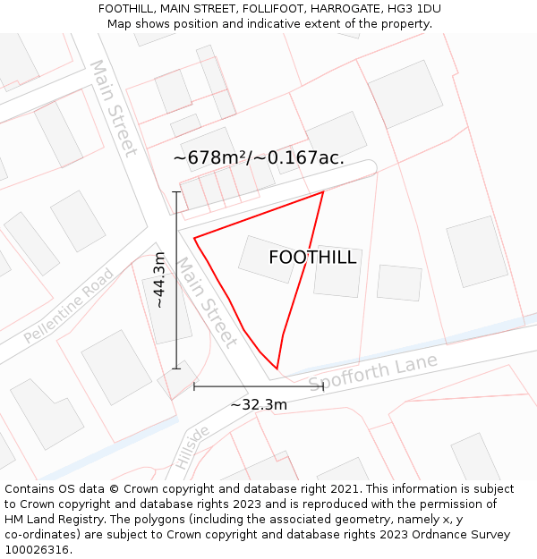 FOOTHILL, MAIN STREET, FOLLIFOOT, HARROGATE, HG3 1DU: Plot and title map