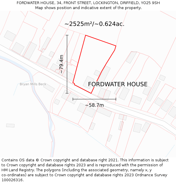 FORDWATER HOUSE, 34, FRONT STREET, LOCKINGTON, DRIFFIELD, YO25 9SH: Plot and title map