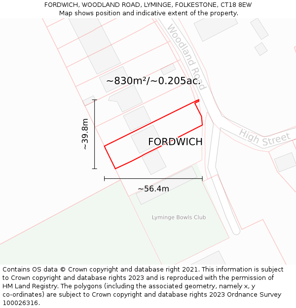 FORDWICH, WOODLAND ROAD, LYMINGE, FOLKESTONE, CT18 8EW: Plot and title map