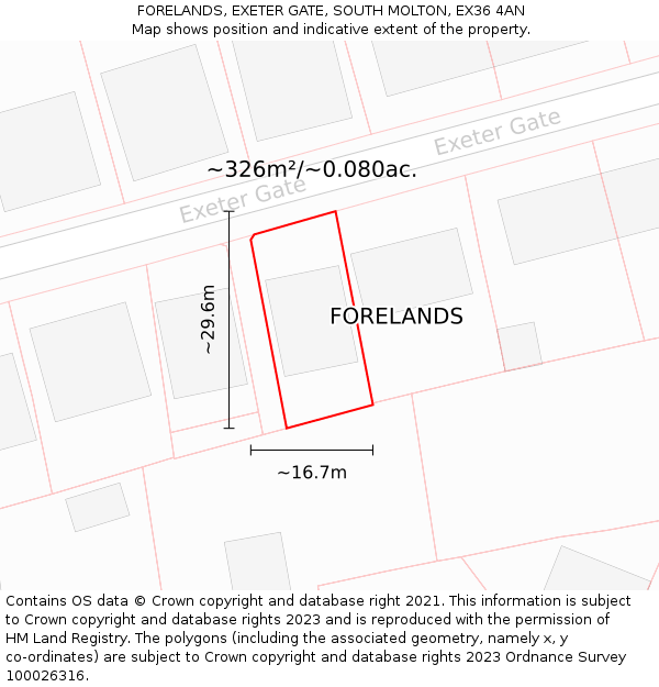 FORELANDS, EXETER GATE, SOUTH MOLTON, EX36 4AN: Plot and title map