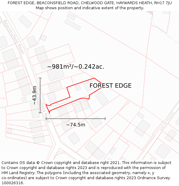 FOREST EDGE, BEACONSFIELD ROAD, CHELWOOD GATE, HAYWARDS HEATH, RH17 7JU: Plot and title map