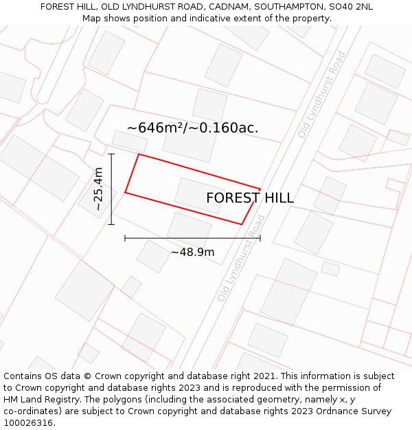 FOREST HILL, OLD LYNDHURST ROAD, CADNAM, SOUTHAMPTON, SO40 2NL: Plot and title map