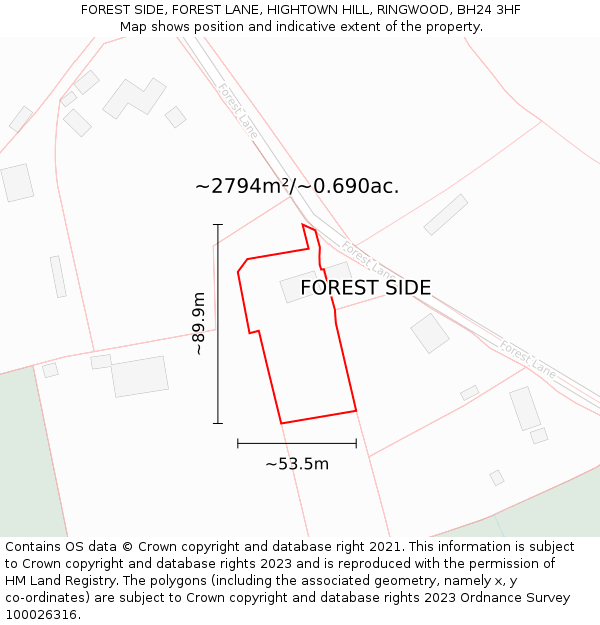 FOREST SIDE, FOREST LANE, HIGHTOWN HILL, RINGWOOD, BH24 3HF: Plot and title map