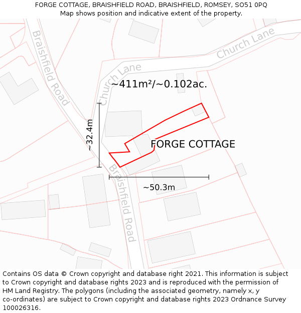 FORGE COTTAGE, BRAISHFIELD ROAD, BRAISHFIELD, ROMSEY, SO51 0PQ: Plot and title map