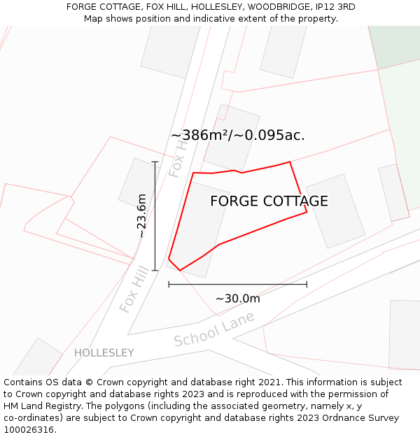 FORGE COTTAGE, FOX HILL, HOLLESLEY, WOODBRIDGE, IP12 3RD: Plot and title map