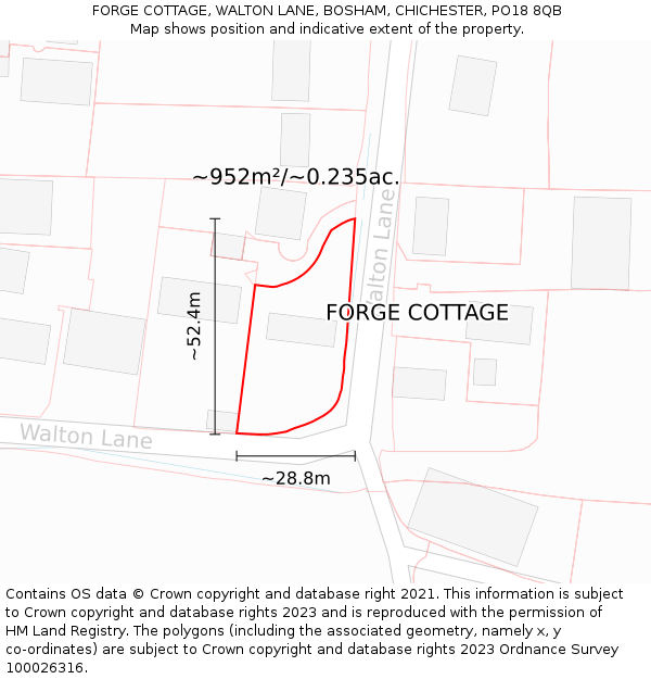 FORGE COTTAGE, WALTON LANE, BOSHAM, CHICHESTER, PO18 8QB: Plot and title map