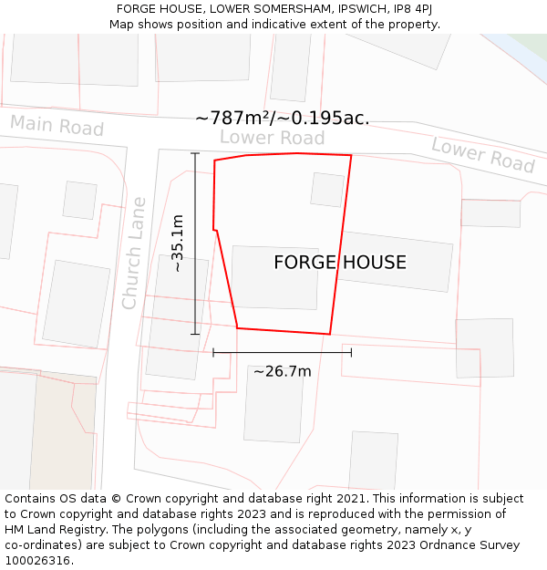 FORGE HOUSE, LOWER SOMERSHAM, IPSWICH, IP8 4PJ: Plot and title map
