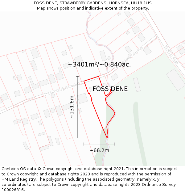 FOSS DENE, STRAWBERRY GARDENS, HORNSEA, HU18 1US: Plot and title map