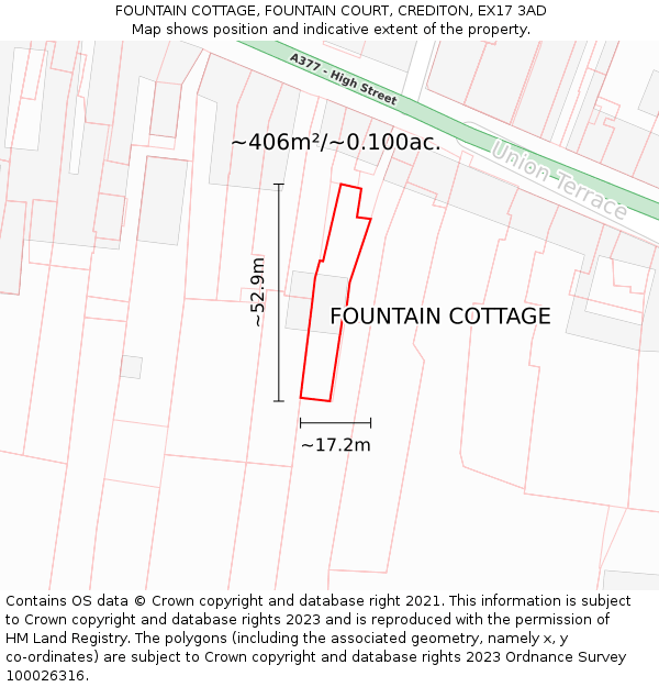 FOUNTAIN COTTAGE, FOUNTAIN COURT, CREDITON, EX17 3AD: Plot and title map