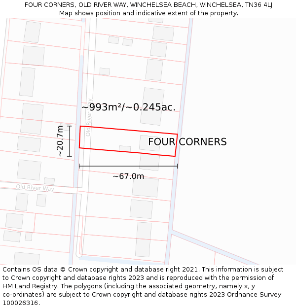 FOUR CORNERS, OLD RIVER WAY, WINCHELSEA BEACH, WINCHELSEA, TN36 4LJ: Plot and title map