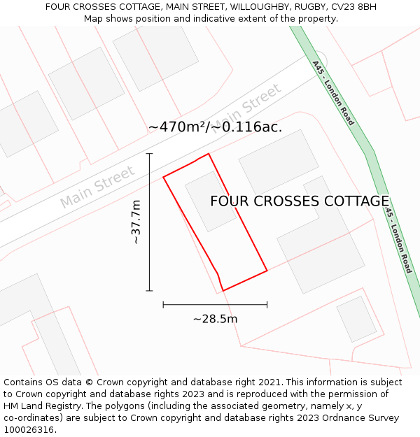 FOUR CROSSES COTTAGE, MAIN STREET, WILLOUGHBY, RUGBY, CV23 8BH: Plot and title map