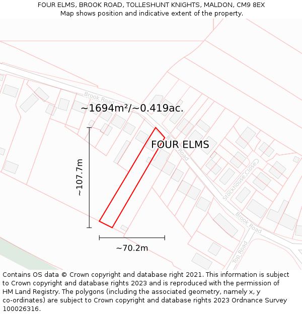 FOUR ELMS, BROOK ROAD, TOLLESHUNT KNIGHTS, MALDON, CM9 8EX: Plot and title map