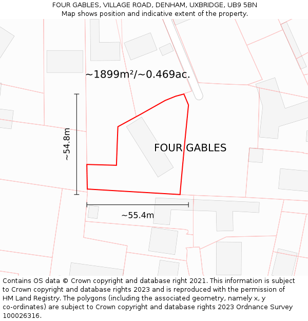 FOUR GABLES, VILLAGE ROAD, DENHAM, UXBRIDGE, UB9 5BN: Plot and title map