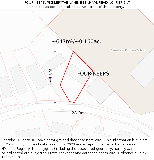 FOUR KEEPS, PICKLEPYTHE LANE, BEENHAM, READING, RG7 5NT: Plot and title map