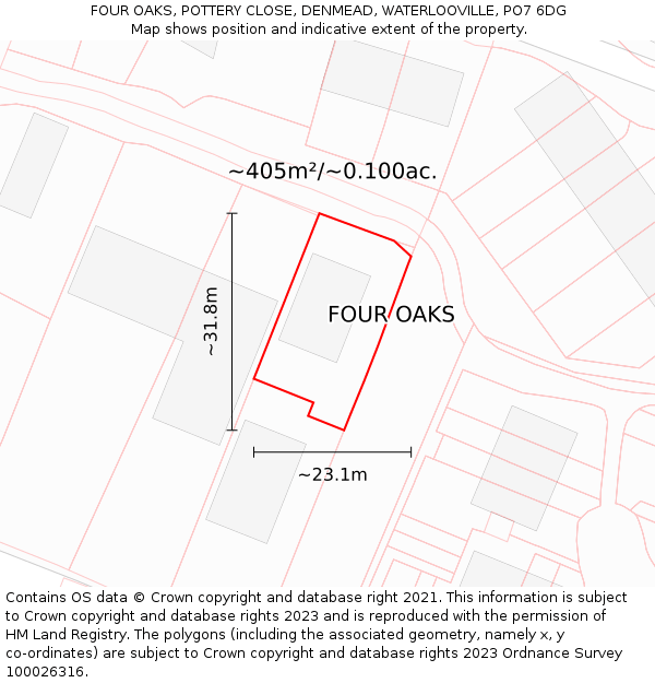 FOUR OAKS, POTTERY CLOSE, DENMEAD, WATERLOOVILLE, PO7 6DG: Plot and title map