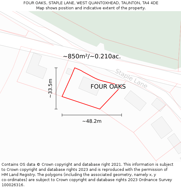 FOUR OAKS, STAPLE LANE, WEST QUANTOXHEAD, TAUNTON, TA4 4DE: Plot and title map