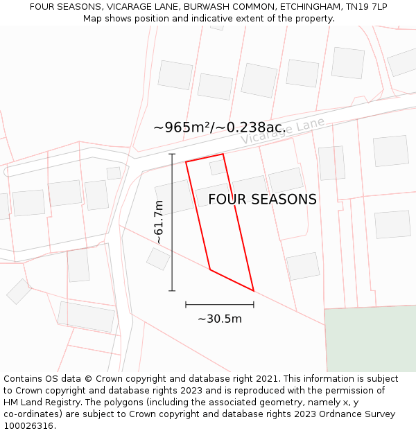 FOUR SEASONS, VICARAGE LANE, BURWASH COMMON, ETCHINGHAM, TN19 7LP: Plot and title map