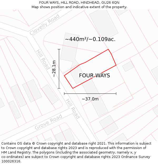 FOUR WAYS, HILL ROAD, HINDHEAD, GU26 6QN: Plot and title map