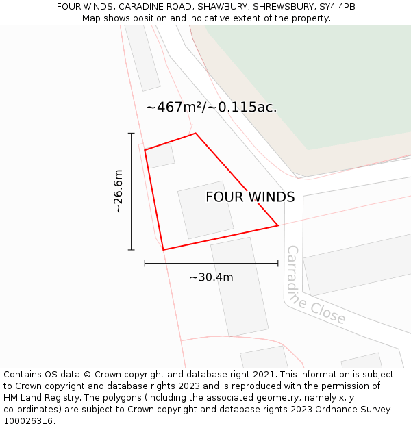 FOUR WINDS, CARADINE ROAD, SHAWBURY, SHREWSBURY, SY4 4PB: Plot and title map