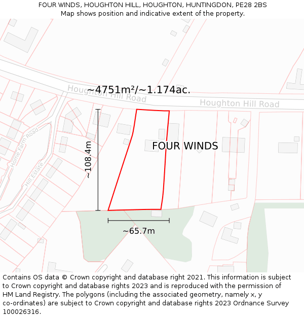 FOUR WINDS, HOUGHTON HILL, HOUGHTON, HUNTINGDON, PE28 2BS: Plot and title map