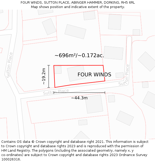 FOUR WINDS, SUTTON PLACE, ABINGER HAMMER, DORKING, RH5 6RL: Plot and title map