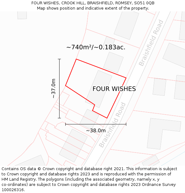 FOUR WISHES, CROOK HILL, BRAISHFIELD, ROMSEY, SO51 0QB: Plot and title map