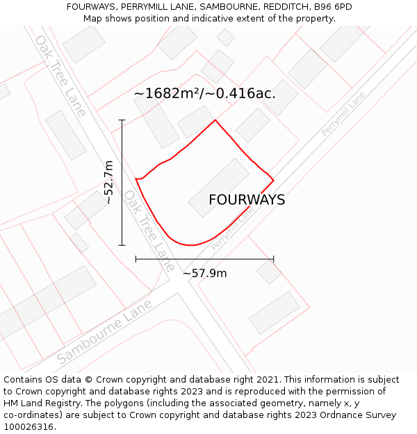 FOURWAYS, PERRYMILL LANE, SAMBOURNE, REDDITCH, B96 6PD: Plot and title map