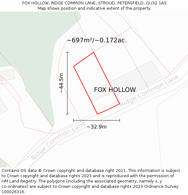 FOX HOLLOW, RIDGE COMMON LANE, STROUD, PETERSFIELD, GU32 1AS: Plot and title map