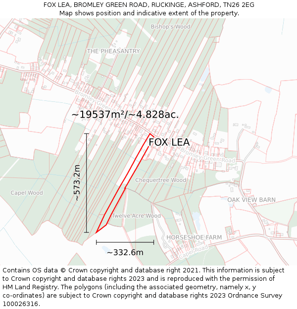 FOX LEA, BROMLEY GREEN ROAD, RUCKINGE, ASHFORD, TN26 2EG: Plot and title map