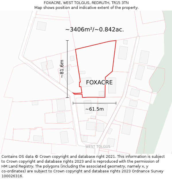 FOXACRE, WEST TOLGUS, REDRUTH, TR15 3TN: Plot and title map