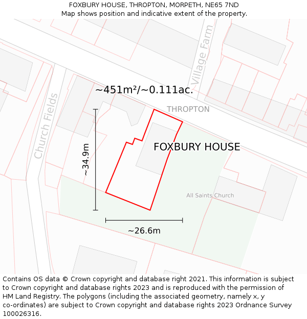 FOXBURY HOUSE, THROPTON, MORPETH, NE65 7ND: Plot and title map