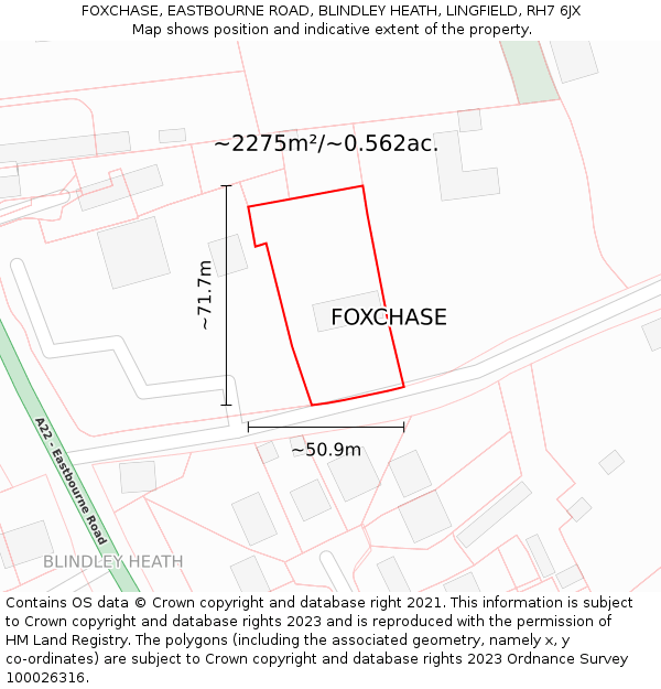 FOXCHASE, EASTBOURNE ROAD, BLINDLEY HEATH, LINGFIELD, RH7 6JX: Plot and title map