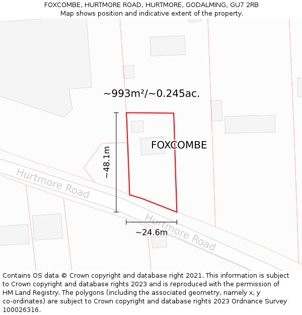 FOXCOMBE, HURTMORE ROAD, HURTMORE, GODALMING, GU7 2RB: Plot and title map