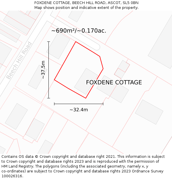 FOXDENE COTTAGE, BEECH HILL ROAD, ASCOT, SL5 0BN: Plot and title map