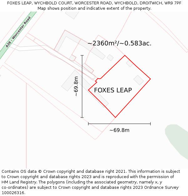 FOXES LEAP, WYCHBOLD COURT, WORCESTER ROAD, WYCHBOLD, DROITWICH, WR9 7PF: Plot and title map