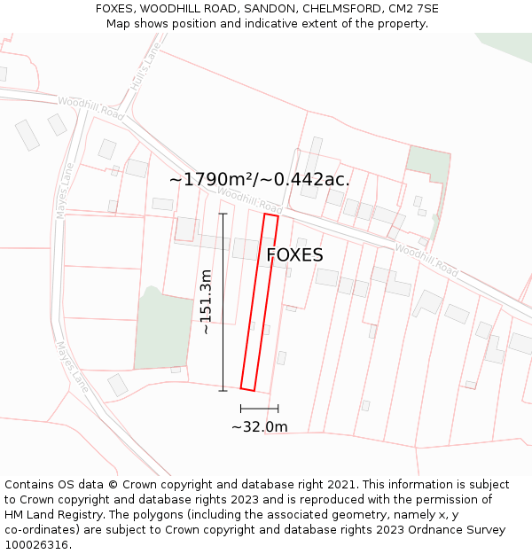 FOXES, WOODHILL ROAD, SANDON, CHELMSFORD, CM2 7SE: Plot and title map