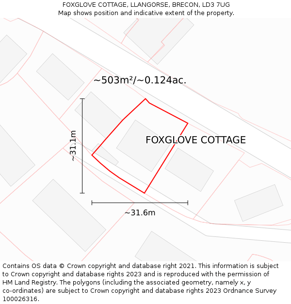 FOXGLOVE COTTAGE, LLANGORSE, BRECON, LD3 7UG: Plot and title map