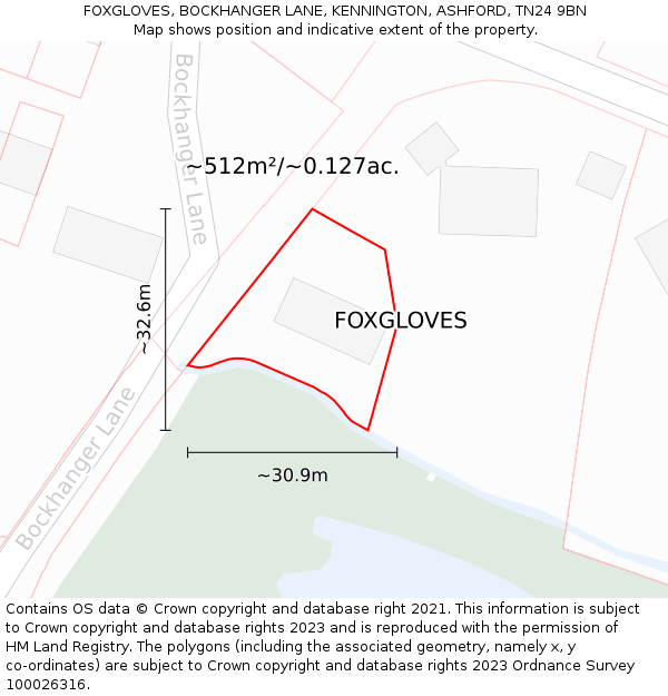 FOXGLOVES, BOCKHANGER LANE, KENNINGTON, ASHFORD, TN24 9BN: Plot and title map