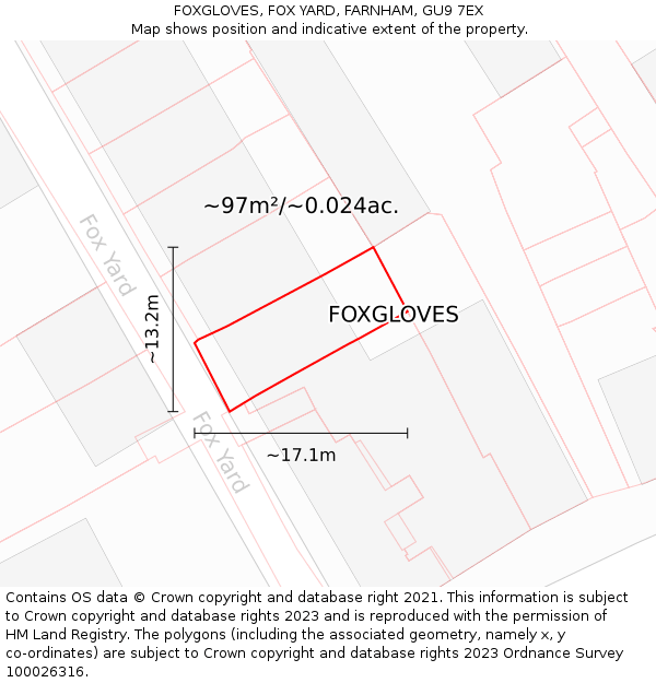 FOXGLOVES, FOX YARD, FARNHAM, GU9 7EX: Plot and title map