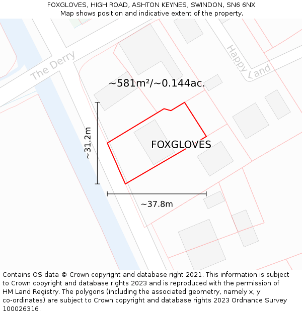 FOXGLOVES, HIGH ROAD, ASHTON KEYNES, SWINDON, SN6 6NX: Plot and title map