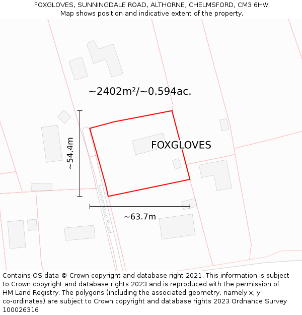 FOXGLOVES, SUNNINGDALE ROAD, ALTHORNE, CHELMSFORD, CM3 6HW: Plot and title map